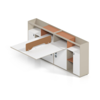 Poste de travail modulaire croisé pour 4 personnes, avec cloison bicolore, bureau pour personnel avec rangement supérieur et armoires latérales verrouillables