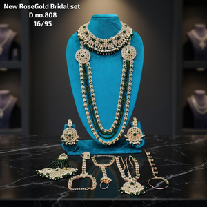 Traditional Heavy Rose Gold Bridal <b>Accessories</b> Set Red Crystal Choker Long Haram Necklace Set with Gemstone Drops - Product Image 2