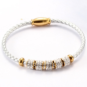 Crystal <b>Bracelet</b> Women's Silver <b>Gold</b> Braided Leather Magnetic Clasp Micro Pave <b>Beads</b> Everyday Wear Jewelry AB1184 - Product Image 3