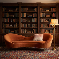 Canapé asymétrique en velours orange, canapé moderne et élégant avec pieds dorés pour hôtel, bibliothèque