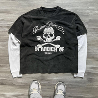 Camiseta de Manga Larga Personalizada de Doble Capa, Tejido de Algodón Grueso, Corte Cuadrado, con Estampado de Letras y Logotipo, Lavado Ácido, Efecto Desgastado por el Sol, Talla Grande para Hombre
