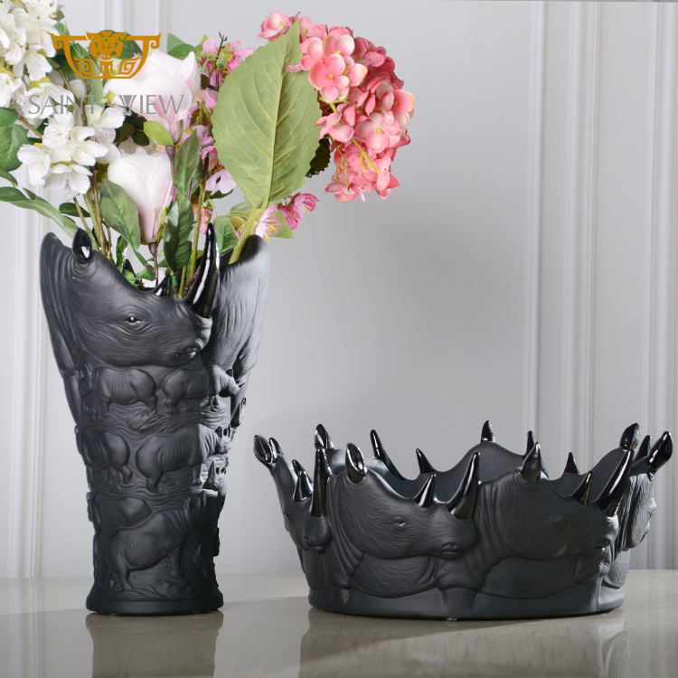 Manufacturers Wholesale 2023 Crystal New Folkcrafts Black Big Artwork Vase Rhinoceros Design Bowl