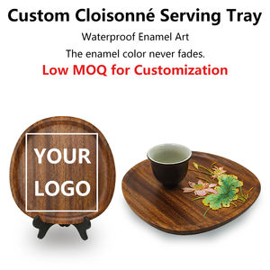 Cloisonné emaille theeblad van walnoot met bloemmotief - Product Image 2