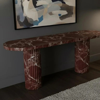 Table console en marbre bordeaux Dream Home, plateau ovale, pieds cylindriques cannelés, meuble d'entrée de luxe en pierre