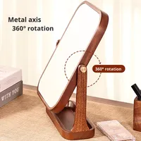Miroir de maquillage HD rotatif à 360° avec cadre carré en bois de noyer, coins arrondis et plateau de rangement