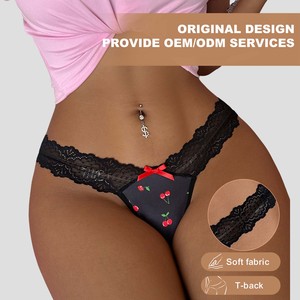 Tanga sexy de encaje con estampado, lazo frontal, espalda en T, transpirable, de cintura baja para mujer, en oferta. - Product Image 3