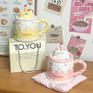 Tasse en céramique Dragon Pavilion avec couvercle, 301-400ml, motif chaton, lapin, ours, cadeau d'anniversaire pour femmes, pour le bureau et la maison - Product Image 2