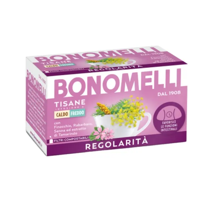 Thé de bien-être italien certifié de haute qualité, 16 sachets de Bonomelli pour améliorer la régulation et le bien-être de l'intestin