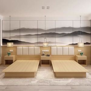Affordable 3 Star Hotel <b>Bed</b> Modern Bedroom Furniture Sets Durable Wooden <b>Frame</b> Hotel <b>Twin</b> <b>Beds</b> With Headboard & Nightstand - Product Image 2