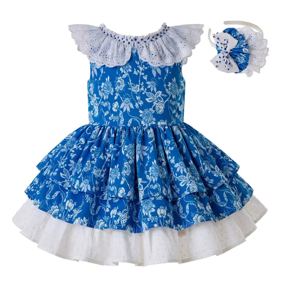 Gaun Perempuan Pettigirl 3 Hingga 5 Tahun Tanpa Lengan, Pakaian Kontes Balita Motif Bunga dengan Hiasan Rambut Musim Panas Anak-anak Biru