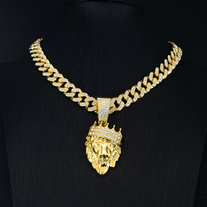 Collier Pendentif Tête de Lion Couronne Maillon Sportif Hip Hop Tendance Accessoires Homme Alliage Cristal Strass Ensemble Collection Souvenir - Product Image 1
