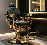 Fauteuil de barbier classique haut de gamme avec cadre plaqué or, revêtement matelassé noir, fauteuil de barbier inclinable hydraulique pour salon de coiffure