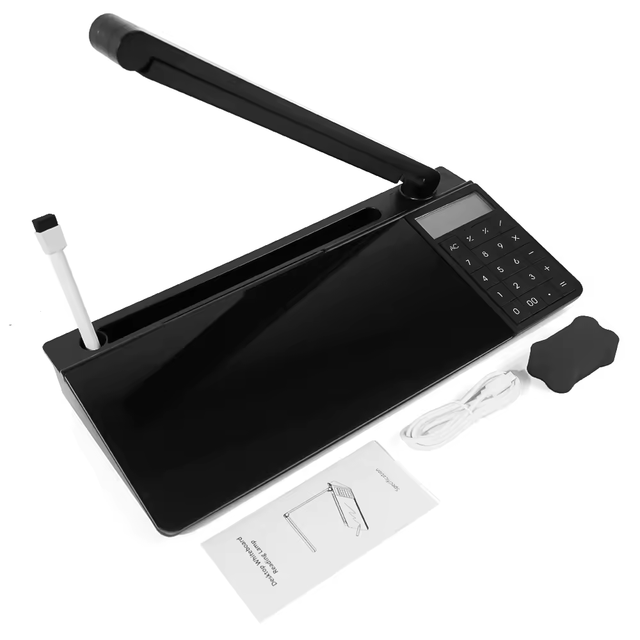 Small Black Glass Desktop Dry Erase Board Keyboard Stand White Board Storage Whiteboard With Calculator and Lamp