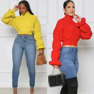 New Solid Plain Lady Casual Pullover Spring Fall Winter Puffer Lantern Sleeve Knitted Short Crop Top Sweater Women'S Sweaters