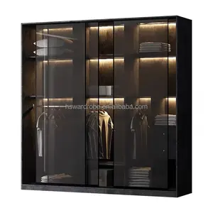 Alüminyum çerçeve cam raf asılı kıyafet dolabı deri kaplı çekmece dolabı cam Armoire ile Led ışık