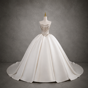 Vestido de Novia de Gala con Hombros Descubiertos, Sin Mangas, Corsé, Cintura Estilo Basque, Perlas y Cristales, Satén, Tallas Grandes, Fabricación Personalizada - Product Image 2