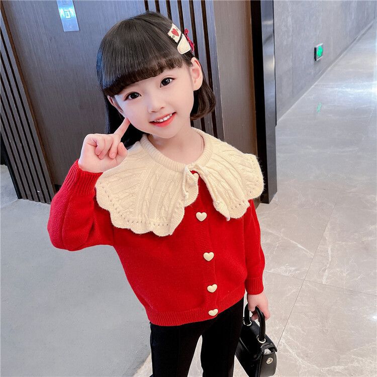 Burgundy [ girls' leaf collar heart button cardigan]