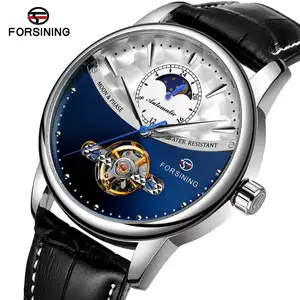 ساعة يد رجالي أوتوماتيكية ذات سوار من الجلد الأصلي موديل 2024 من Forsining على شكل مرحلة القمر ساعة يد رجالي ذات سوار مخصص