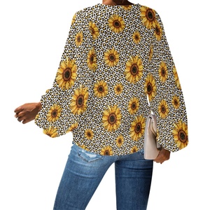 Vente en gros de tuniques de luxe col en V <span class=keywords><strong>grande</strong></span> <span class=keywords><strong>taille</strong></span> pour femmes, t-shirt ample avec impression de fleurs de soleil, chemises et chemisiers à manches longues pour femmes - Product Image 2