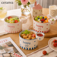 Bol à frites en céramique personnalisable avec coupelle à sauce intégrée, motif mignon, en porcelaine, pour salade, fruits, apéritifs et repas