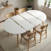 Table à manger ovale extensible et extensible, plateau en panneaux de particules, pieds en bois, design moderne blanc pour salon, chambre, entrée