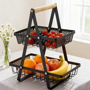 Multi Layer Metal Fruit <b>Basket</b> With Wooden Handle Portable <b>Storage</b> Rack For Snacks And Fruits Rectangle Standing Type - Product Image 3
