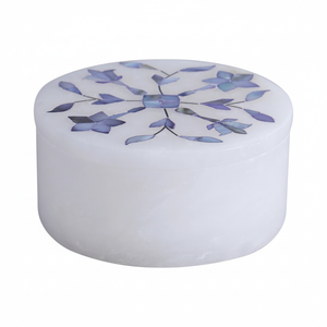 Petite boîte à bijoux ronde en marbre blanc avec incrustation de nacre bleue, boîte cadeau pour elle ou lui - Product Image 1
