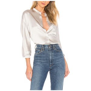 Elegant Women Clothing Front Patch Pocket 100% Silk <b>Satin</b> <b>Blouse</b> With Three Quarter Sleeves Office Shirt - Product Image 4