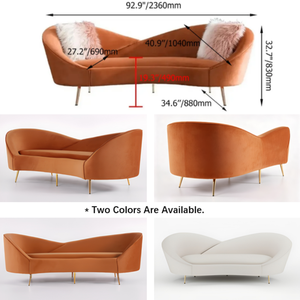 <span class=keywords><strong>Canapé</strong></span> Chesterfield 3 <span class=keywords><strong>places</strong></span> incurvé en velours orange brûlé, style moderne, biologique, avec pieds métalliques coniques dorés, pour un intérieur chaleureux et rustique, idéal pour hôtels et salons. - Product Image 2