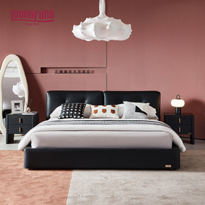 Lit plateforme minimaliste italien LOONGFUNG en cuir véritable avec <span class=keywords><strong>sommier</strong></span> en bois de pin robuste, cadre de lit facile à assortir, lit king size - Product Image 2