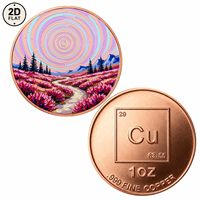 Pièce de monnaie en cuivre pur 999 de 1 once, personnalisée en gros, avec motif psychédélique spirale céleste, champ de fleurs roses et paysage de rivière, pièce de collection