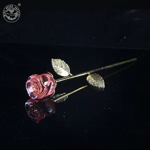 Flor de rosa de cristal rosa com haste dourada, rosa para o dia dos namorados, MH-H00111