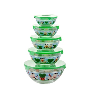 Juego de cuencos de vidrio con impresión decalada, 5 unidades, con tapa de plástico de colores, para ensalada, comida, almuerzo, contenedor de comida, fiambrera para almacenamiento - Product Image 5