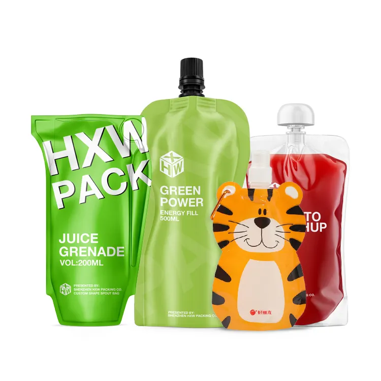 Bolsa Biodegradable reutilizable de plástico para zumo de frutas, bolsa personalizada para embalaje de bebidas, con boquilla