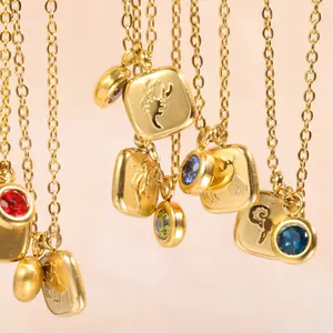 Fashion Women Jewelry 18k Gold Plated Stainless Steel 12 Zodiac birthstone Pendant Necklace Women
