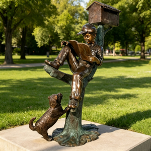 Escultura <span class=keywords><strong>de</strong></span> Bronce Fundido a Medida, Estilo Figurativo Realista, para <span class=keywords><strong>Parque</strong></span> Urbano, Niño Leyendo un <span class=keywords><strong>Libro</strong></span> con Perro y Árbol - Product Image 1