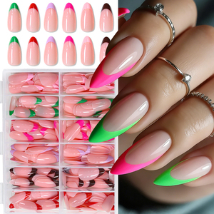 288 <span class=keywords><strong>Uñas</strong></span> Postizas Fluorescentes con Punta Francesa, <span class=keywords><strong>Color</strong></span> <span class=keywords><strong>Rosa</strong></span> Verde Neón, <span class=keywords><strong>Uñas</strong></span> Postizas Largas Tipo Stiletto, Reutilizables, Brillantes, Acrílicas - Product Image 1