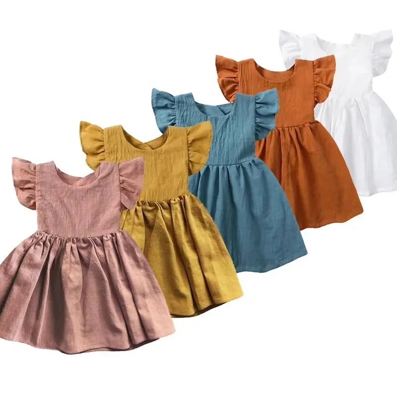 Été Toddler Kid Girl Casual Cotton Linen Ruffles Backless Bow Sleeveless Princess Party Outfits Clothing Baby Dresses