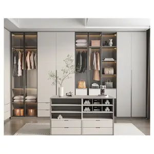 Bedroom European Style Glass Door Movable Cabinet Grey Armoire Contemporary Luxury Custom Furniture High Quality Wardrobe