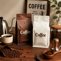 Sacs d'emballage pour grains de café imprimés sur mesure, pochette à huit soudures latérales avec valve de dégazage unidirectionnelle, sacs à café à fond plat de qualité alimentaire