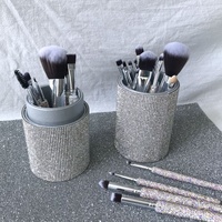 Ensemble de pinceaux de maquillage professionnels en forme de baril avec strass brillants, pinceaux de maquillage en PU en forme de baril