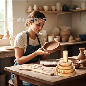 Juego de moldes de cerámica de madera maciza para manualidades, herramienta de prensado para cuencos y platos de cerámica DIY, mango de madera multiusos - Product Image 1