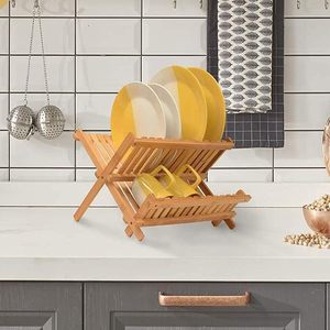 Foldable Bamboo <b>Dish</b> <b>Rack</b> 2 Tier With Drainage For Kitchen Countertop Use - Product Image 1