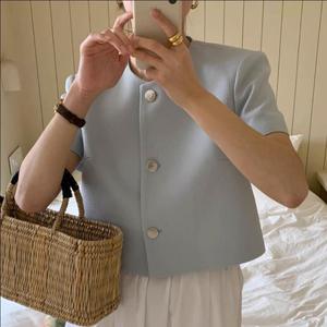 <span class=keywords><strong>Manteau</strong></span> court d'été chic pour femmes de style sud-coréen, élégant et décontracté, petit châle en lapin, manches bouffantes, simple boutonnage, polyester - Product Image 4