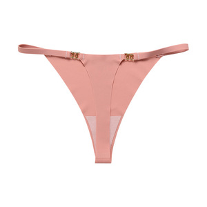 Culotte string sans couture pour femme, taille basse, fines bretelles, confortable, en soie glacée, lingerie féminine avec anneau métallique doré - Product Image 6