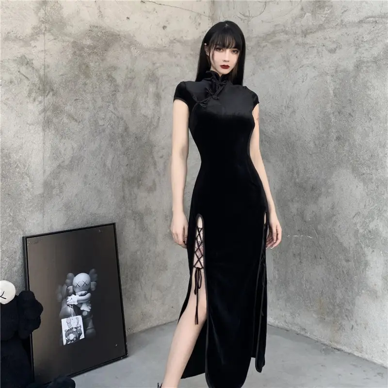 Herbst Winter Schwarz High Split Temperament Schlanker Rock Sexy Gothic Kleid Retro Cheong sam Top Vintage Style