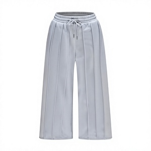 Women High Waist Wide Sweetpants Leg Ankle-Length Pants Solid Color Drawstring Closure Breathable Polyester Leisure Bottoms - Product Image 1