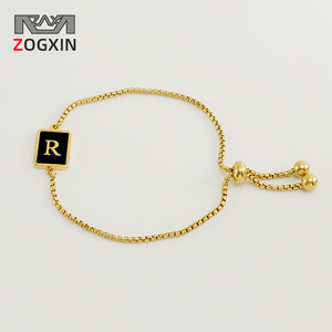Zogxin <b>Adjustable</b> Letter Bracelet 18K Gold Plated Stainless Steel Black <b>Square</b> R Initial Women's Jewelry Gift - Product Image 1