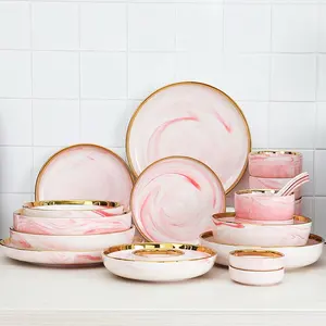 Простой скандинавский розовый мраморный керамический набор столовых приборов, тарелка для стейка, блюдо с индивидуальным логотипом