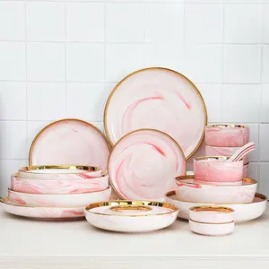 Ensemble de couverts en céramique marbrée rose nordique simple Assiette à steak Logo personnalisable Plat - Product Image 1